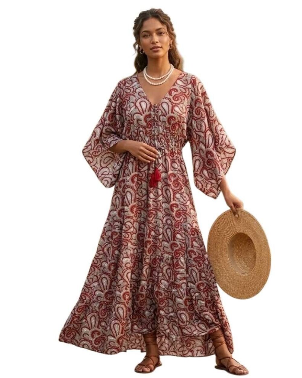 Anthropologie Boemo Paisley Bell Sleeve Tassel Tie Maxi Dress Red Burgundy Size